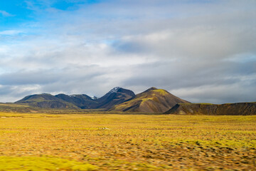 Naklejka premium Fall nature in mountain countryside. Scenery landscape of mountain. Scenery autumn countryside. Countryside landscape with mountain. Autumn mountain landscape. Nature of Iceland in morning mist