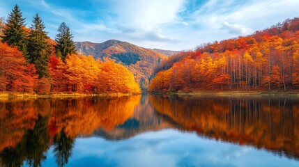 Fototapeta premium Scenic mountain view with trees ablaze in autumn colors and a calm lake