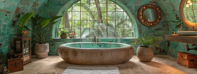 Obraz premium Designer oasis - bathroom in unique style, blending innovative design elements, luxurious features, artistic touches to create space that redefines traditional bathroom aesthetics.