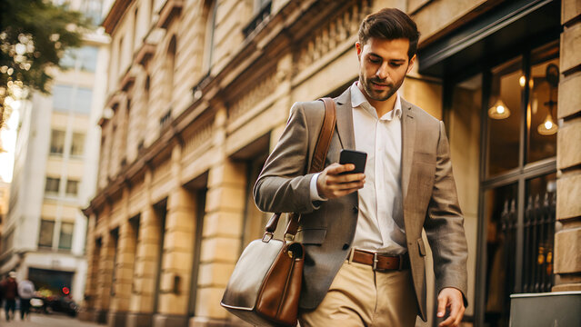businessman walking to work with cell phone, AI generated