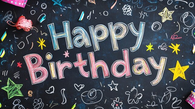 Chalkboard "Happy Birthday" message with doodles and a blackboard background