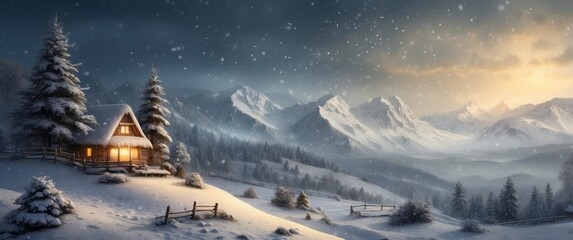 A Cozy Cabin Nestled in a Snowy Mountain Landscape at Sunset