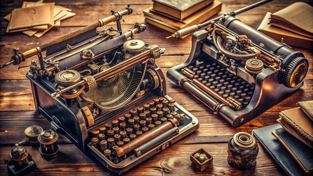 Vintage mechanical writing machines with intricate metal details and nostalgic appeal, scattered with paper and pens, evoke a sense of classic literary creativity.