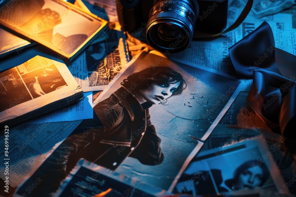 Poster a camera sitting on a table with several photographs nearby