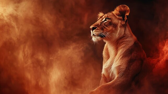 Lioness Gazing Upward Against a Fiery Background