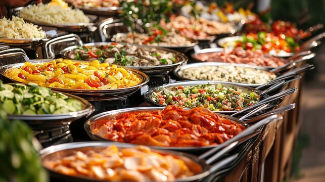 A variety of dishes on a buffet table, including salads, meats, and side dishes, with guests serving themselves from chafing dishes -