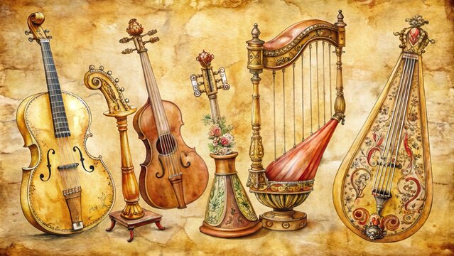 Vintage watercolor sketches of antique musical instruments, including harps, lutes, and violins, adorned with intricate details and ornate patterns on yellowed paper backgrounds.