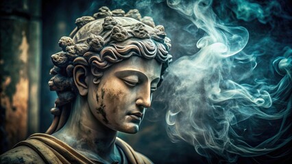 Obraz premium Wafting smoke curls around a weathered stone statue's ancient, worn head, shrouded in mystery, with subtle hints of mystical, eerie atmosphere and forgotten history.
