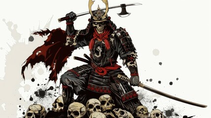 Fototapeta premium Skull-Faced Samurai Warrior Standing on a Pile of Skulls
