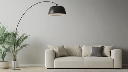 Modern living room interior design with arc floor lamp and sofa