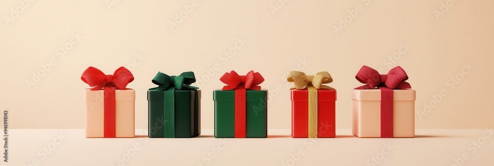 Poster elegant christmas gift boxes in geometric shapes with vibrant ribbons and bows arranged neatly on a 