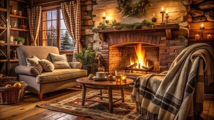 Warmly lit rustic living room with crackling fireplace, plush throw blankets, and vintage decorations, evoking a sense of comfort and tranquility on a cold winter's night.