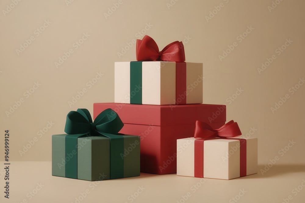 Poster christmas gift boxes with vibrant ribbons and bows are stacked, featuring geometric designs on a sof