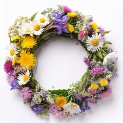 Beautiful wreath with field flowers isolated on a white background. Midsummer celebration concept, summer decoration. Top view.