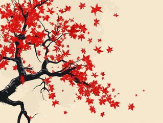 Red Maple Leaves Falling From Branch.