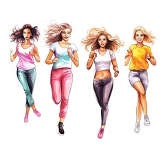 Fototapeta premium Watercolor illustration of young girls in motion white background