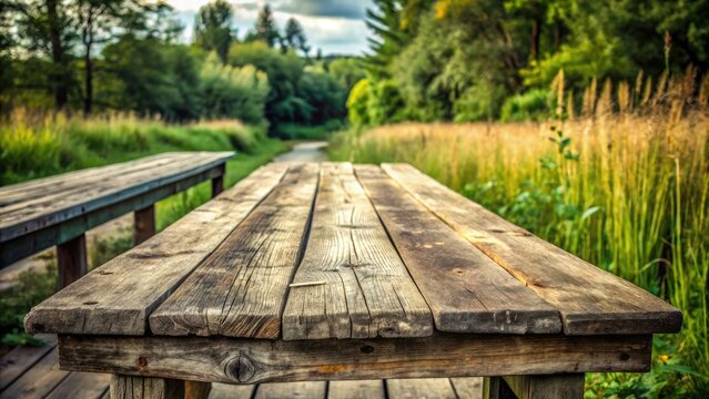 Weathered wooden table stretching into the distance, its worn planks and rustic legs creating a sense of depth and natural, earthy atmosphere.