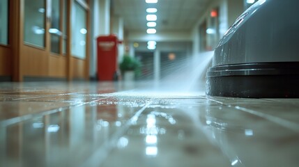 Obraz premium Powerful water jets spraying across tiles, the force visibly lifting dirt, leaving behind a flawless, shining floor in a commercial cleaning scene
