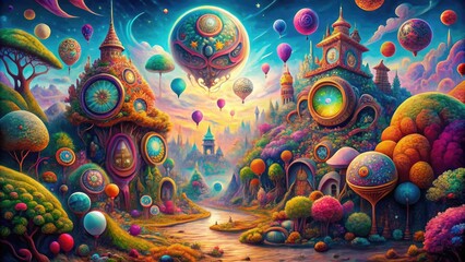 Whimsical dreamscapes unfold as vibrant, abstract doodles merge with fantastical creatures, melting clocks, and distorted objects in a vibrant, psychedelic landscape of endless imagination.