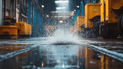 Pressure washer at full blast, intense water jets hitting a rugged floor, the impact visible in the splashing water and the immediate transformation of the surface