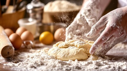 Fototapeta premium A home cook kneading dough on a floured surface, with ingredients like flour, eggs, and a rolling pin visible in the background