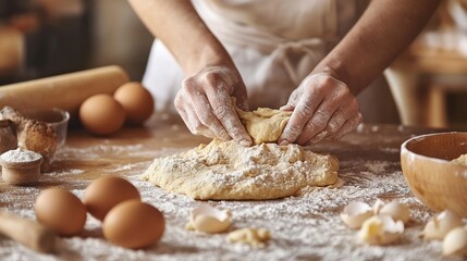 Fototapeta premium A home cook kneading dough on a floured surface, with ingredients like flour, eggs, and a rolling pin visible in the background