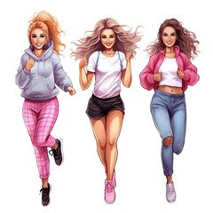 Fototapeta premium Watercolor illustration of young girls in motion white background