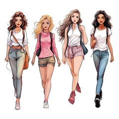 Fototapeta premium Watercolor illustration of young girls in motion white background
