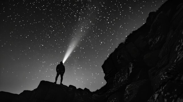 Man with headlamp exploring mountains at night under starry sky - Powered by Adobe