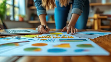 Fototapeta premium A professional business environment with a focused individual analyzing colorful charts and graphs on a table, highlighting financial data and strategic planning