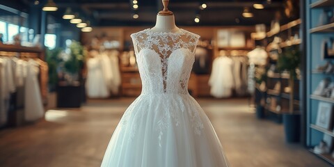 Naklejka premium Elegantly designed white lace wedding dress displayed on a mannequin in a stylish boutique filled with beautiful bridal gowns and modern decor