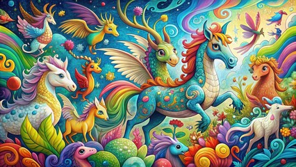 Obraz premium Whimsical illustration of a menagerie of fantastical creatures, including dragons, unicorns, and birds, amidst vibrant swirls of colorful doodles and playful abstract patterns.