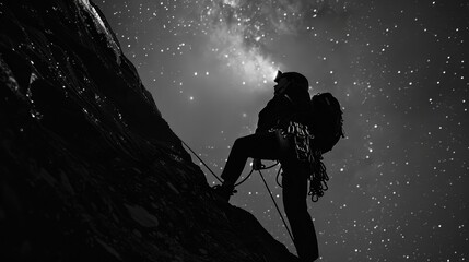Alpinist climbing mountain at night under the milky way