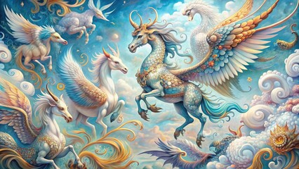 Obraz premium Whimsical illustrations of fantastical creatures, including dragons, unicorns, and phoenixes, surrounded by intricate swirls and patterns, against a soft, dreamy, pale blue background.
