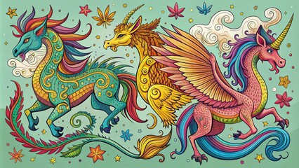 Whimsical line art illustrations of mythical fantasy creatures, including dragons, unicorns, and phoenixes, in bold black lines with intricate details and playful textures.