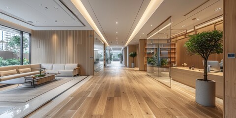 Obraz premium Modern and Elegant Office Lobby with Wooden Flooring, Cozy Seating Area, and Natural Indoor Plants Creating a Welcoming Atmosphere for Visitors and Employees