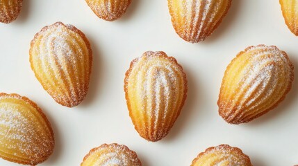 French madeleine cookies, butter-rich and delicate, lightly dusted with icing sugar, captured from above on a white background.