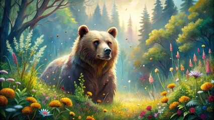 Whimsical watercolor illustration of a majestic brown bear surrounded by lush greenery and vibrant wildflowers in a serene, dreamy forest landscape.