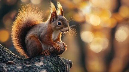 Obraz premium Red Squirrel Holding Nut on Tree Branch in Autumn Forest