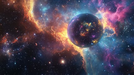 Obraz premium A Celestial Body Amidst Glowing Nebulae and Stars