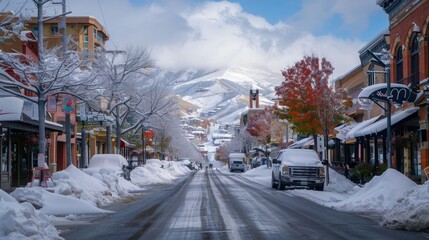 Naklejka premium Snowy Street in a Mountain Town