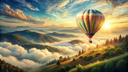 Fototapeta premium Whimsical watercolor illustration of a vintage-style travel poster featuring a majestic hot air balloon soaring above fluffy white clouds and rolling hills.