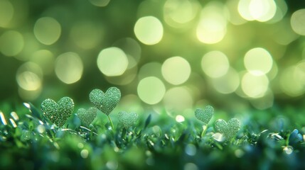 Obraz premium Fresh green background with heart-shaped bokeh lights and glitter, creating a cute and sparkling atmosphere.