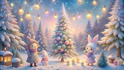 Whimsical winter scene featuring adorable pastel-hued characters amidst gently falling snowflakes, twinkling lights, and snow-covered trees in a magical winter wonderland setting.