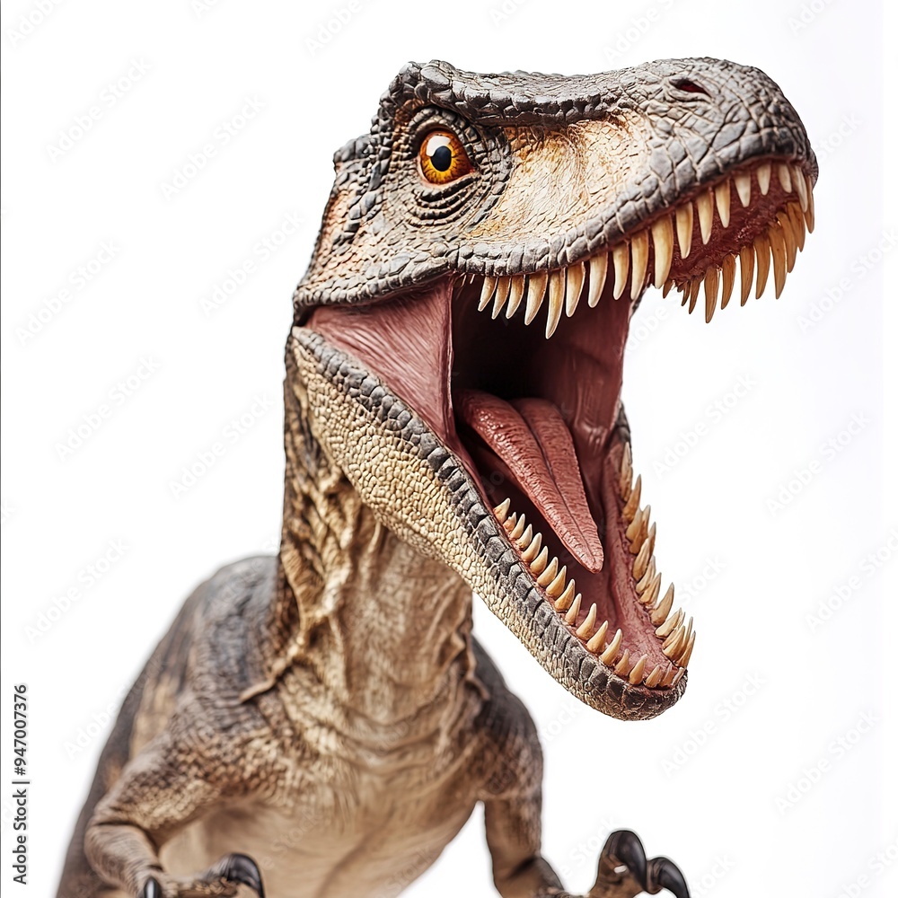 Sticker Photo of a fierce velociraptor dinosaur roaring with sharp teeth and claws, on a white background