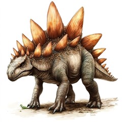 Fototapeta premium Realistic illustration of a Stegosaurus dinosaur with distinctive plates, isolated on a white background.