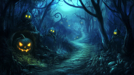 A ghostly forest path with glowing eyes emerging from the darkness.