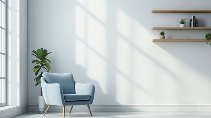 Armchair near blue sofa against white wall with wooden shelf. Scandinavian interior design of modern living room
