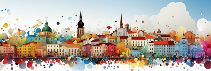 A stunning cityscape featuring a vibrant array of colorful buildings set against a clear blue sky. The scene exudes a sense of liveliness and charm, with a touch of artistic flair.