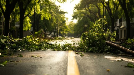 A suburban street with downed power lines and fallen trees after a severe storm